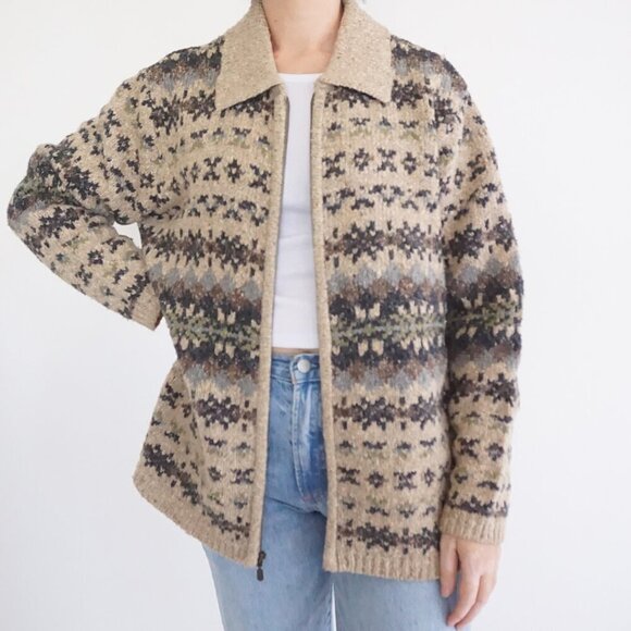 Sweaters - Vintage Craft & Barrel Taupe Knit w Navy Grandmac11% Wool Cardigan Sweater 1X